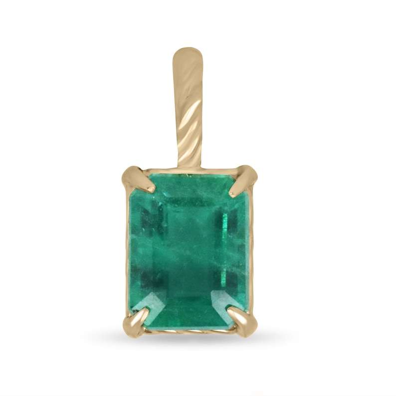 2.40ct 14K Bluish Green Solitaire Emerald Rope Scroll Four Prong Pendant Necklace