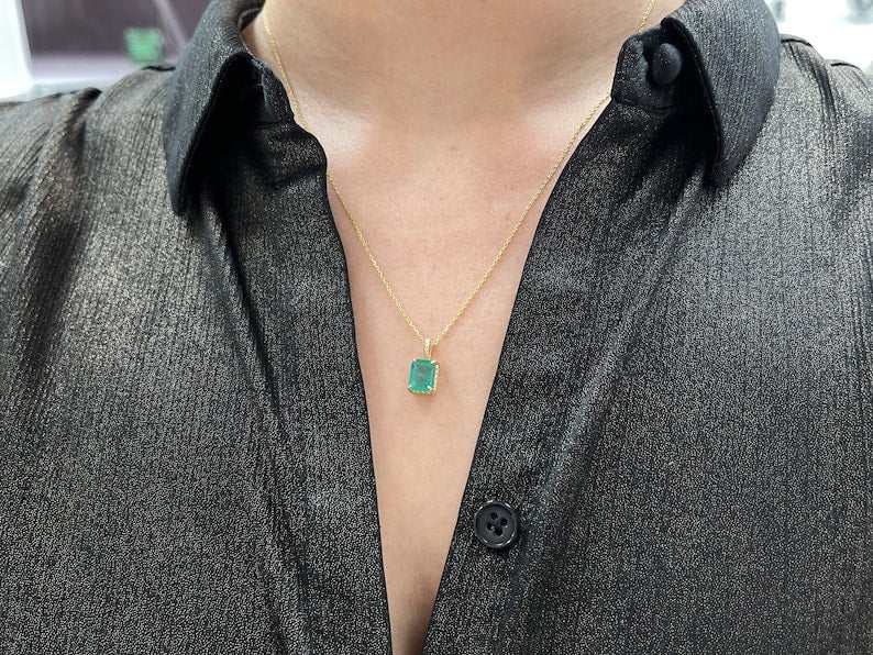 2.40ct 14K Bluish Green Solitaire Emerald Rope Scroll Four Prong Pendant Necklace - JR Colombian Emeralds