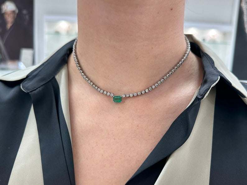 5.11tcw 14K White Gold Dark Green Emerald & Diamond Vintage Choker 8 Prong Tennis Necklace - JR Colombian Emeralds