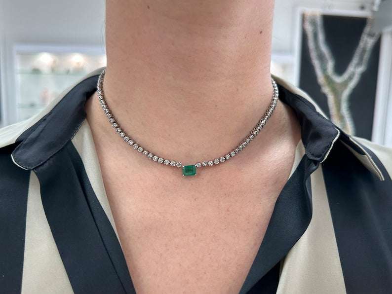 5.11tcw 14K White Gold Dark Green Emerald & Diamond 8 Prong Necklace