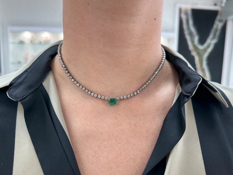 5.11tcw 14K White Gold Dark Green Emerald & Diamond 8 Prong  Necklace
