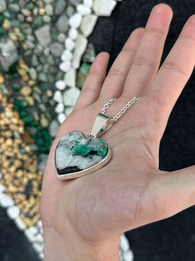 925 Rough Gem Massive Silver Emerald in Matrix Heart Pendant