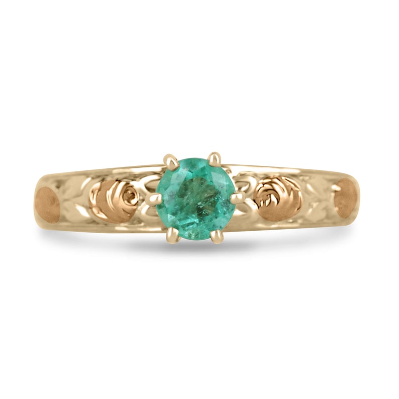 0.35ct 14K Yellow & Rose Gold Round Cut Emerald Floral Solitaire Engagement Ring