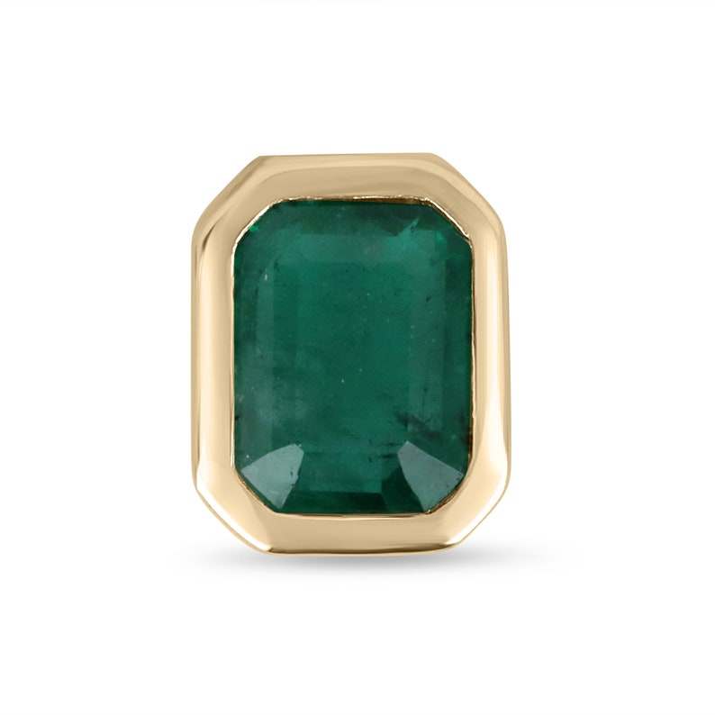 2.50ct dark green emerald cut emerald bezel set in 14K gold pendant