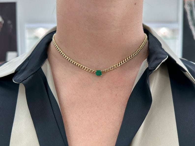 1.84ct 14K Gold Asscher Cut Cuban Link Curb Chain Emerald Chocker Necklace - JR Colombian Emeralds