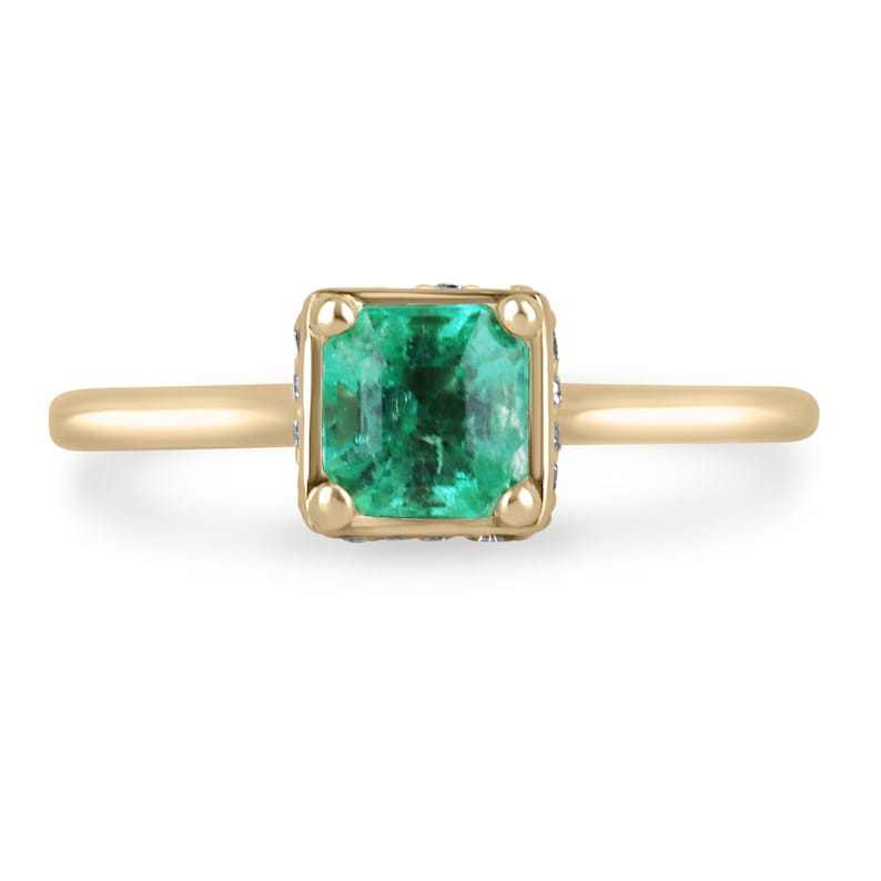 14K gold ring with 0.80ct natural Asscher cut emerald and hidden diamond halo solitaire