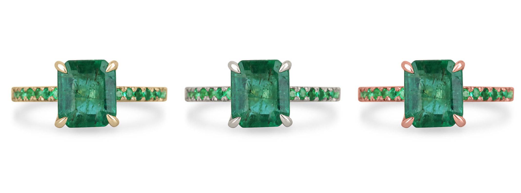 2.55tcw 14K Gold Emerald Cut & Round Solitaire Accents Right Hand Engagement Ring - JR Colombian Emeralds