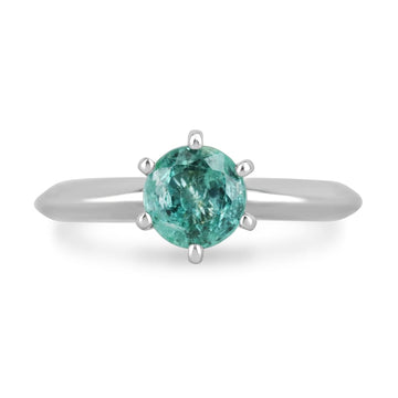 Ocean Blue Elegance: 0.80ct Round Cut Emerald in 14K White Gold Six Prong Engagement Ring