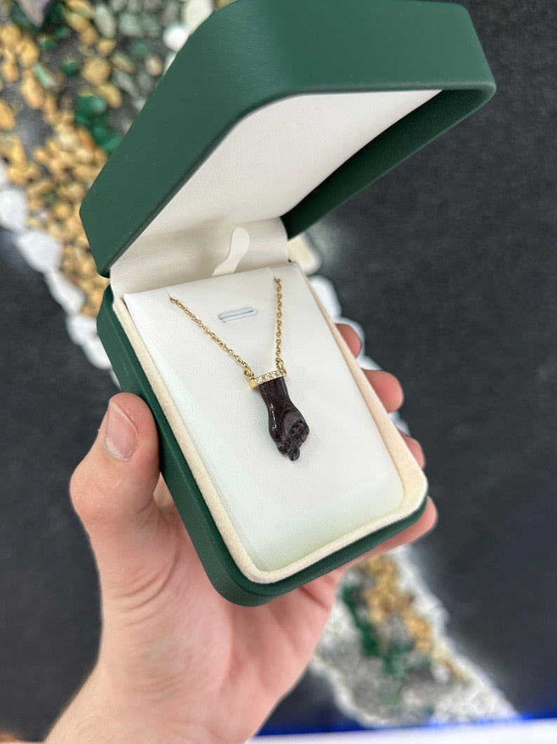 Natural Agate & Diamond Accent Fig Hand Necklace 