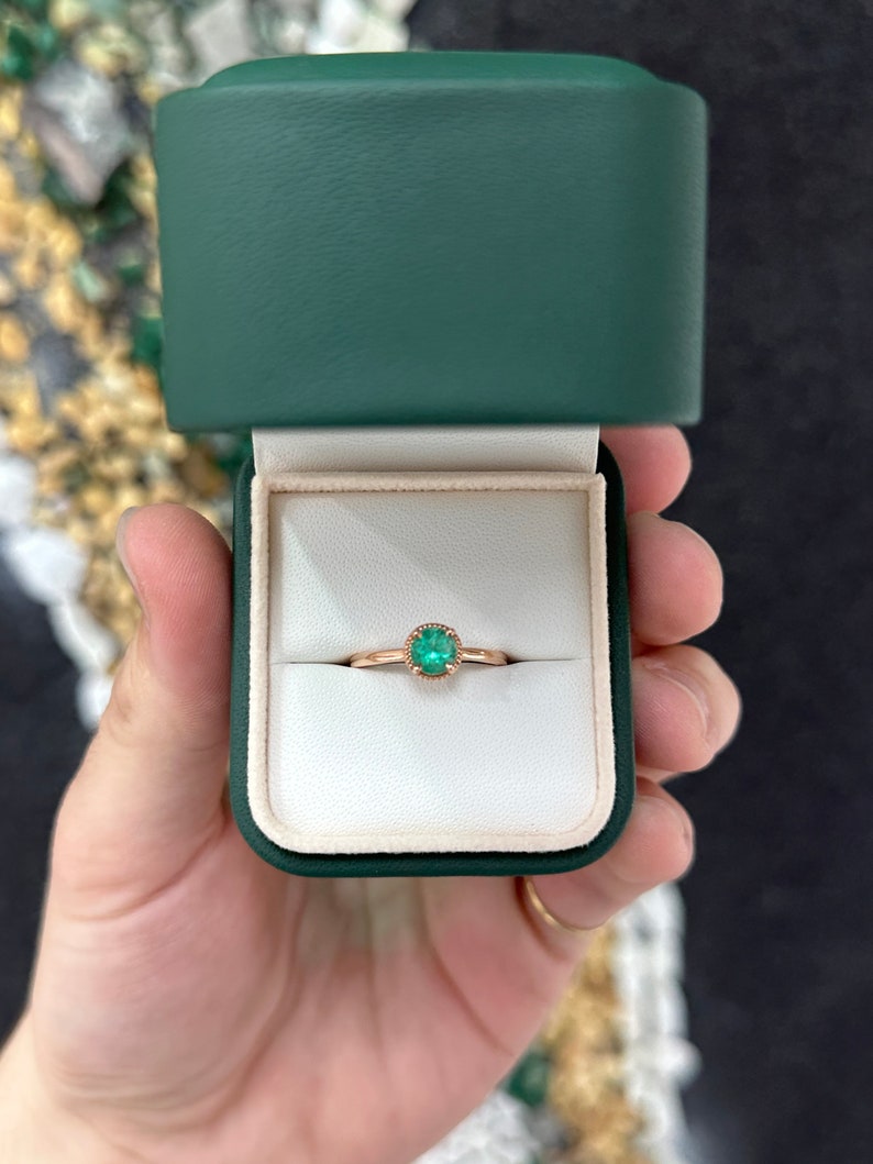 Radiant Rose Gold Charm: 0.90ct Round Cut Emerald Solitaire Right Hand Engagement Ring