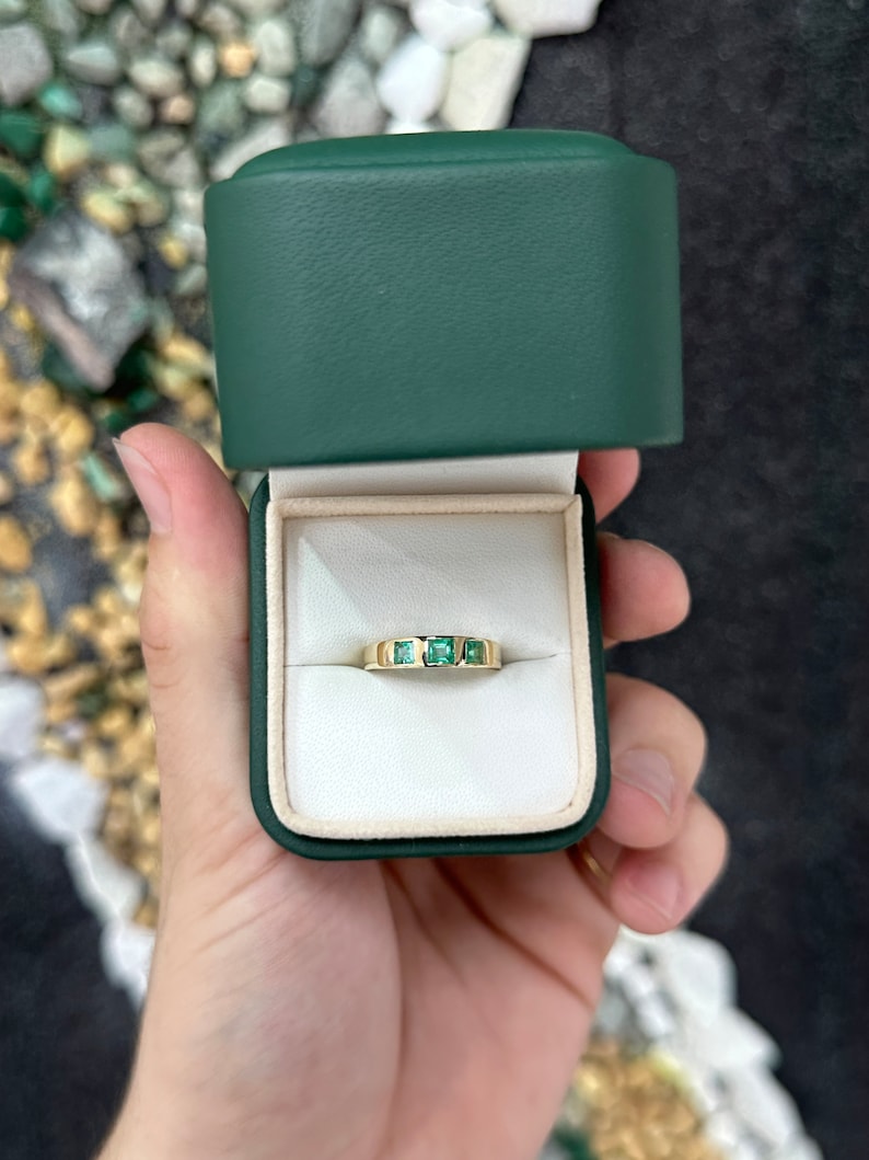 Elegant Birthday Glamour: 14K Gold Ring with 0.60tcw Asscher Cut Natural May Emerald Stones