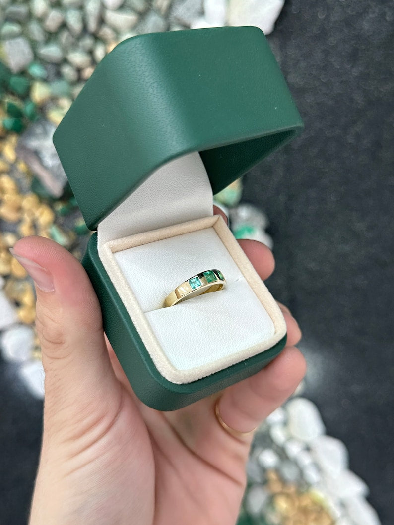 Exquisite 14K Gold Ring - 0.60tcw Asscher Cut Natural May Emerald 3 Stone Birthday Beauty