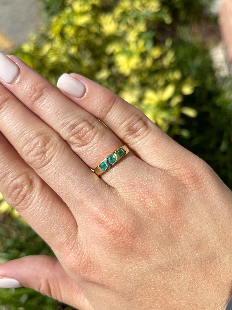 Classic Charm: 14K Gold Stackable Ring with 0.60tcw Round & Asscher Cut May Emerald Stones