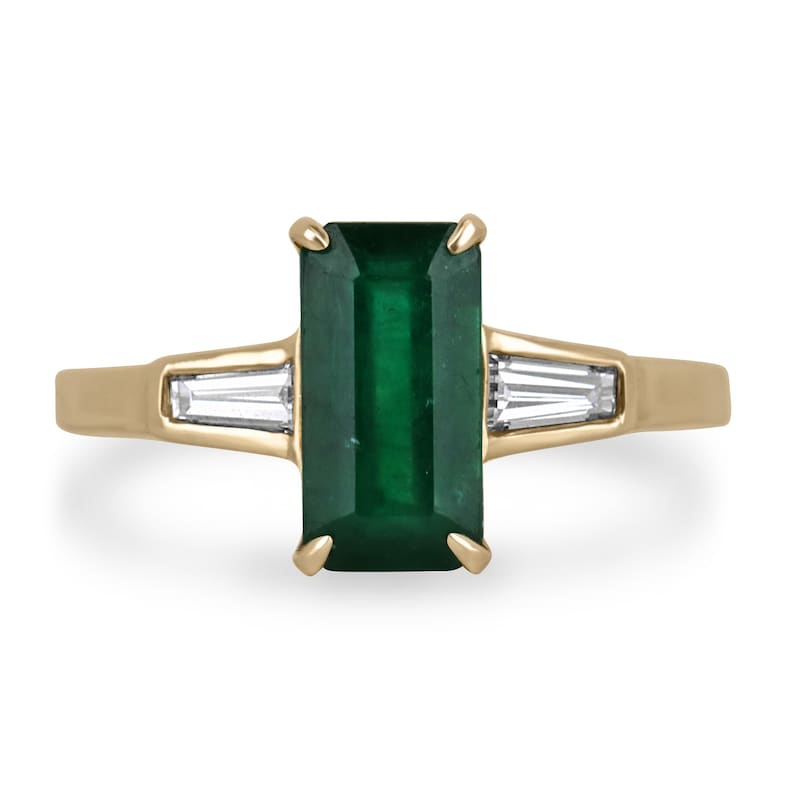 14K gold 2.45tcw dark green emerald and baguette diamond 3-stone engagement ring with tapered accents by Colombian Emerald