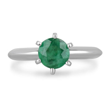 Captivating Elegance: 1.0ct Medium Dark Green Emerald Round Cut Solitaire Ring in 14K White Gold