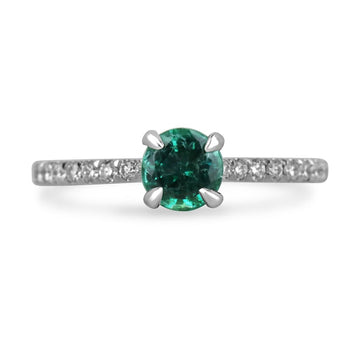 1.07tcw 14K AAA Quality Round Cut Emerald & Diamond Accent Engagement Ring - Intense Bluish-Green Beauty