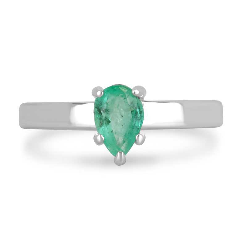 0.80ct solitaire pear cut emerald ring set in 925 sterling silver with five-prong setting