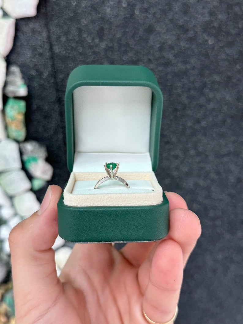 Exquisite 1.0ct Medium Dark Green Emerald Round Cut Solitaire - Elegant 14K White Gold Ring