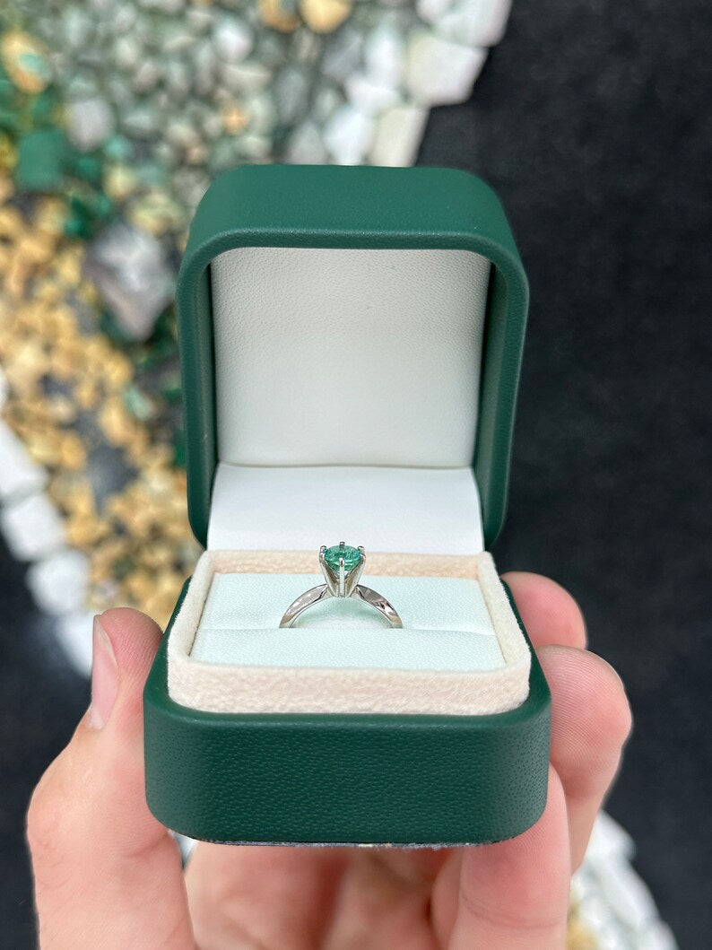 Ocean-Inspired Beauty: 14K White Gold Ring with 0.80ct Round Cut Emerald Six Prong Setting
