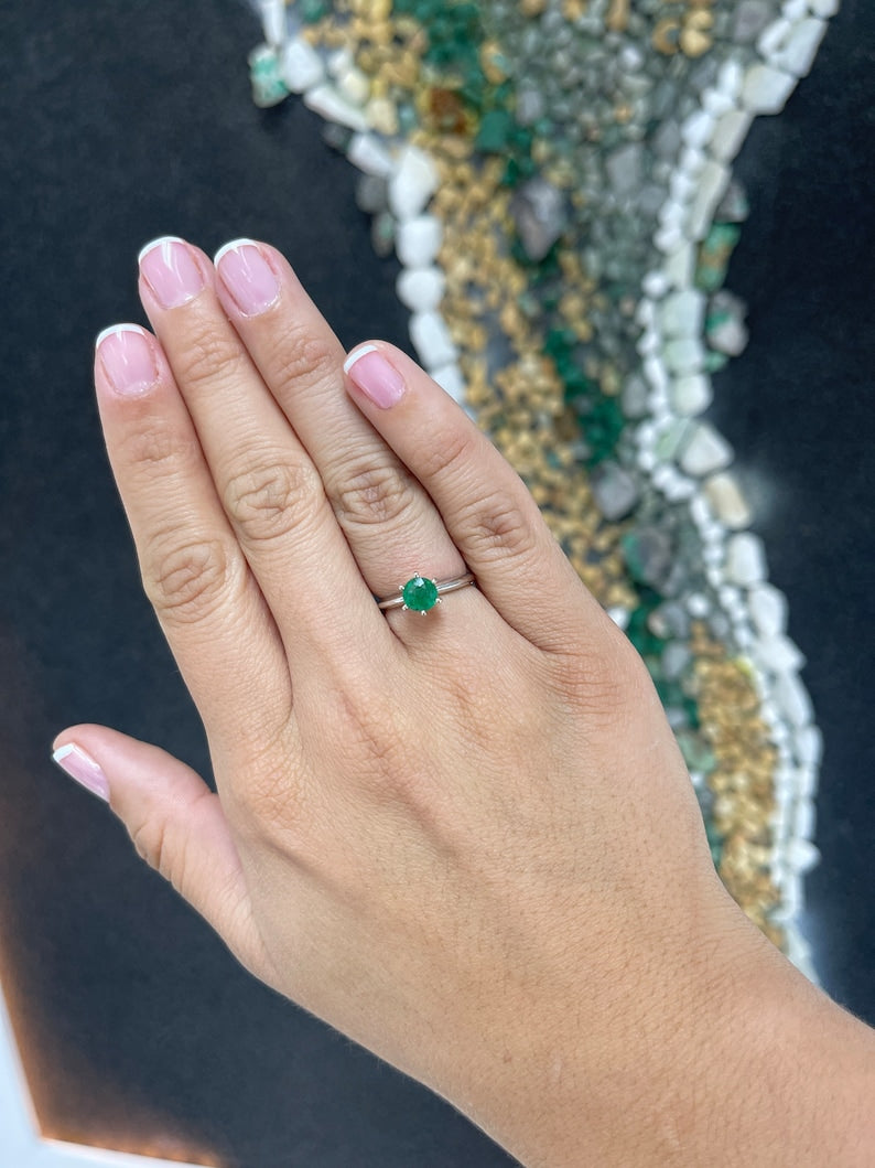 Classic Charm: 1.0ct Medium Dark Green Emerald Round Cut Solitaire 6 Prong 14K White Gold Engagement Ring