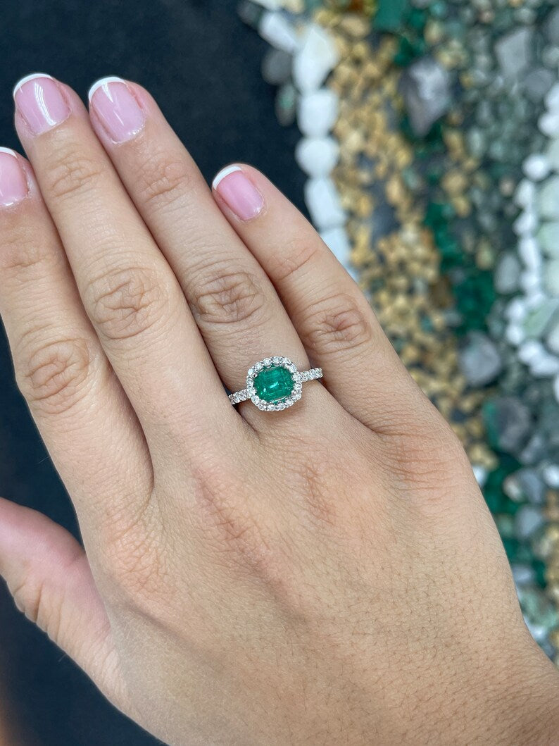2.50tcw 14K White Gold East to West Emerald & Diamond Halo Shank Engagement Ring - JR Colombian Emeralds