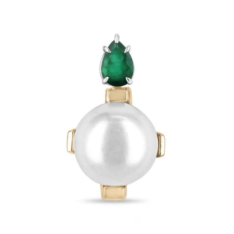 0.90ct 18K Gold Natural Pear Cut 13.5mm Emerald & White Pearl Slider  Pendant Necklace