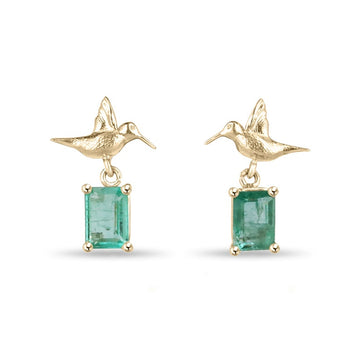 1.90tcw 14K Gold Natural Emerald & Gold Humming Bird Dangle Stud Earrings