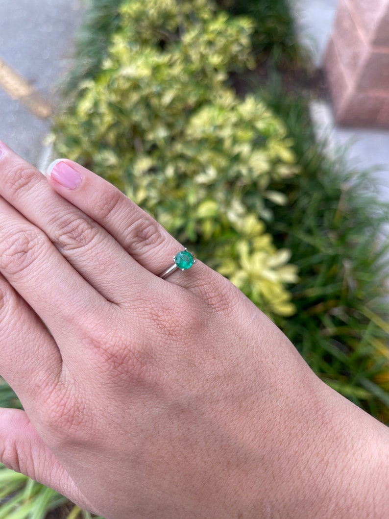 Eternal Radiance: 14K White Gold Engagement Ring with 1.22ct Medium Dark Green Emerald Round Cut Solitaire