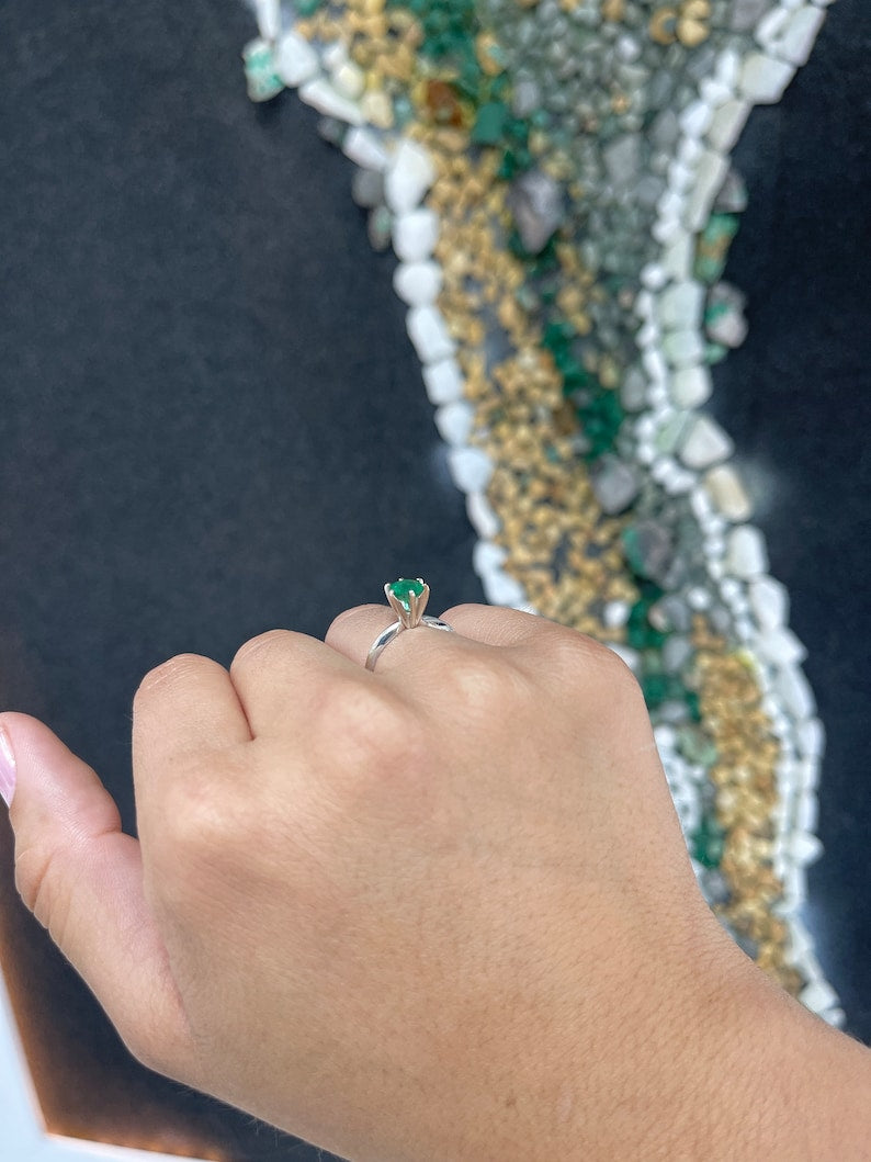 Eternal Radiance: 14K White Gold Engagement Ring with 1.0ct Medium Dark Green Emerald Round Cut Solitaire