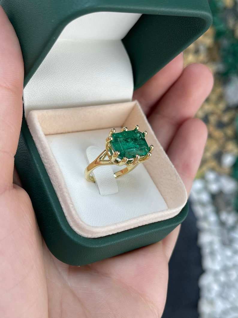 6.12ct 18K Funky 10 Prong Deep Rich Green Emerald Solitaire Offset Prong Gold Ring - JR Colombian Emeralds