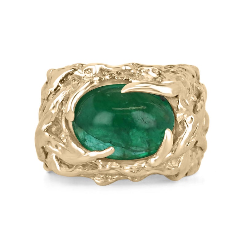14K gold nugget men's ring with oval cabochon emerald centerpiece