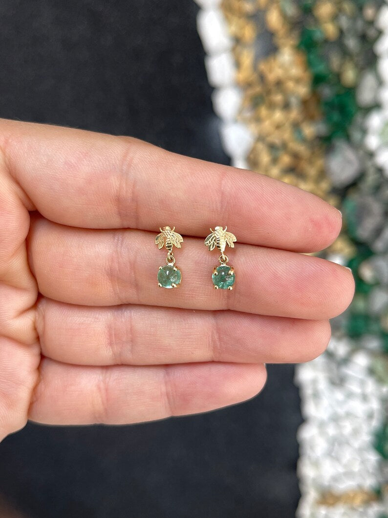 1.50tcw Lush Green Round Cabochon Cut 4 Prong Emerald Bumblebee Bee Dangle Earring 14K - JR Colombian Emeralds