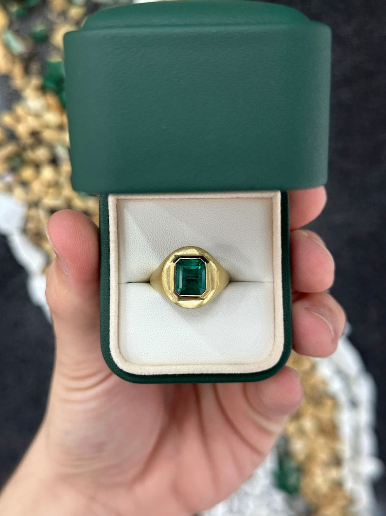 3.86ct 18K Gold Deep Lush Green Emerald Cut Solitaire Unisex Gypsy Styled Matte Finish Ring