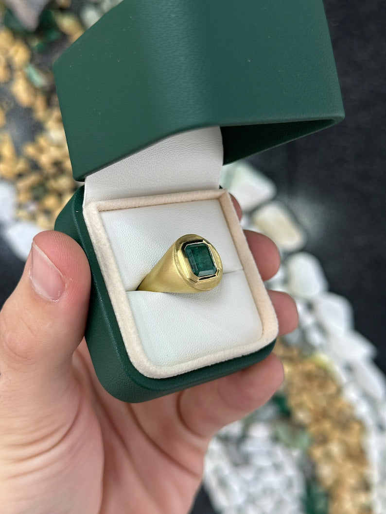 3.86ct 18K Gold Deep Lush Green Emerald Cut Solitaire Unisex Gypsy Styled Matte Finish Ring