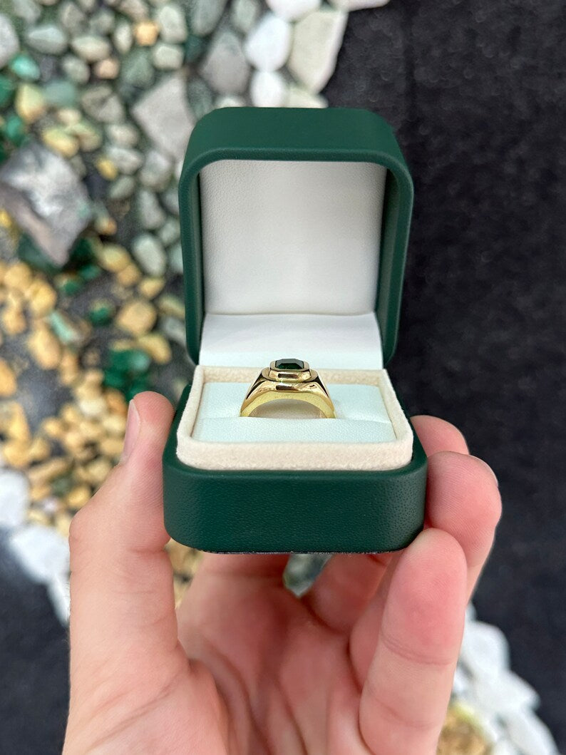 1.48ct 18K Gold Intense Double Bezel Rich Dark Green Luxurious Unisex Asscher Cut Emerald Solitaire Ring