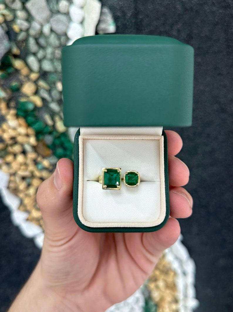 3.80tcw 14K Gold Dark Forest Green Asscher Cut Natural Emerald Toi Et Moi Ring