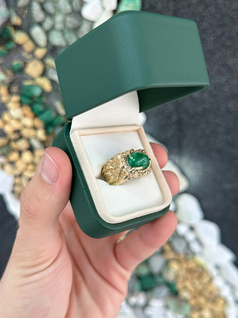 4.82ct 14K Gold Nugget Dark Vivid Unisex Cabochon Emerald Men's Pinky Ring