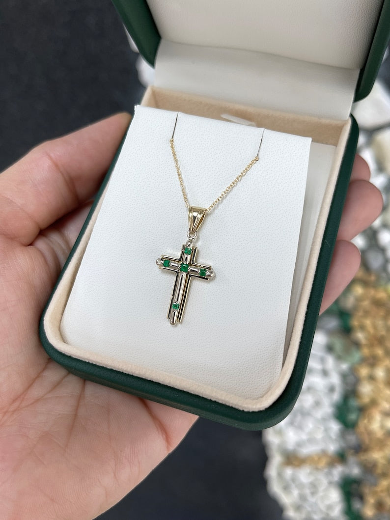 0.30tcw 14K Gold Rich Green Squared Emerald Princess Cut 2 Toned Religious Cross Necklaces