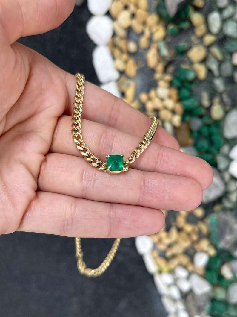 1.84ct 14K Gold Asscher Cut Cuban Link Curb Chain Emerald Chocker Necklace - JR Colombian Emeralds