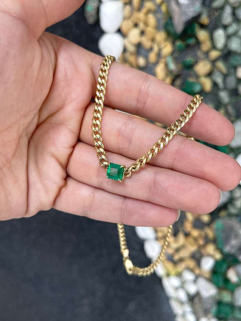 1.84ct 14K Gold Asscher Cut Cuban Link Curb Chain Emerald Chocker Necklace - JR Colombian Emeralds