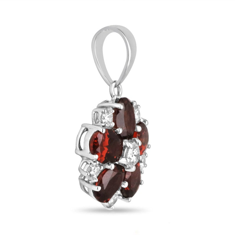 Elegant 14K White Gold Floral Pendant Featuring a 1.17tcw Dark Orangy-Red Garnet and Sparkling Round Cut Diamond Accents