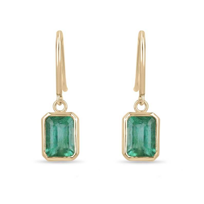 14K gold emerald cut emerald dangle earrings with bezel setting and ear wire backs