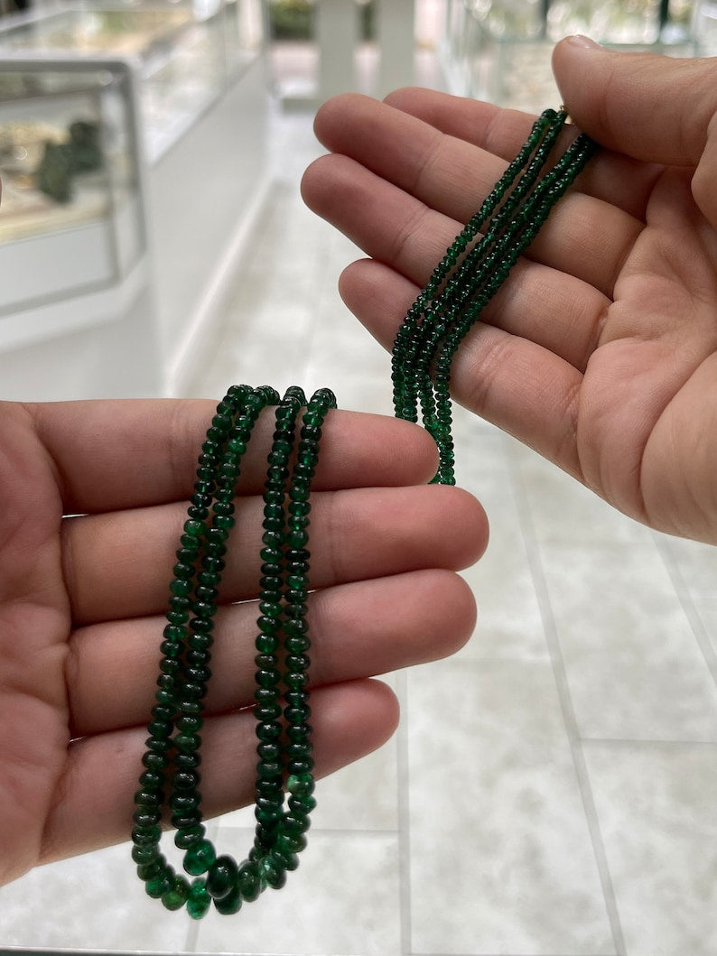 118+ Carat 14K 22 inch Dark Green Rondelle Emerald Bead 2 Strand Necklace - JR Colombian Emeralds