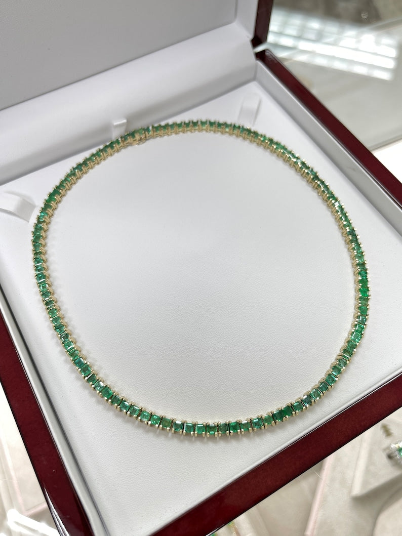 14K Gold Tennis Necklace Featuring 20 Carats of Princess Cut Emeralds at 17 Inches Length