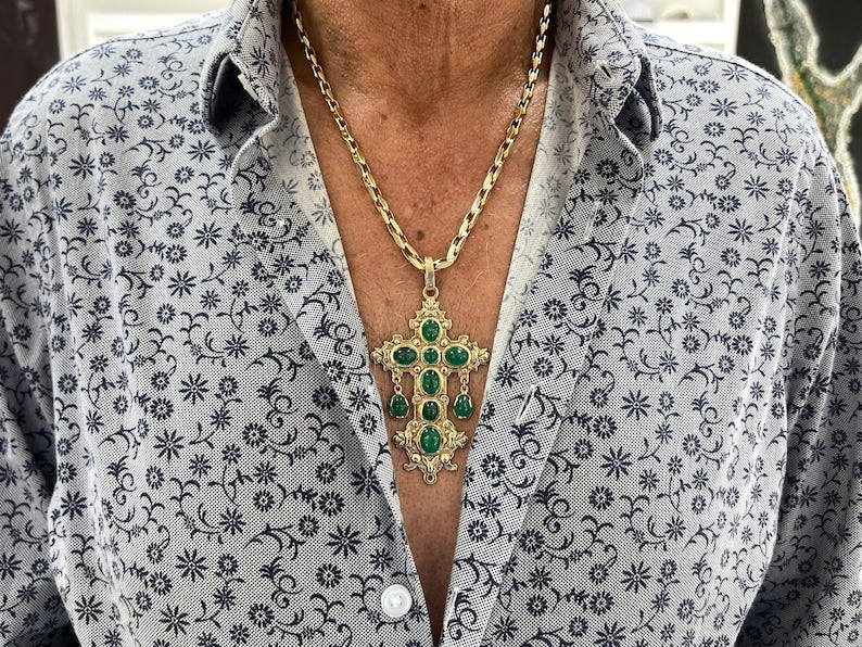 22.19tcw 14K Atocha Replica Natural Nuestra Señora De Emerald Cabochon Gold Cross Pendant - JR Colombian Emeralds