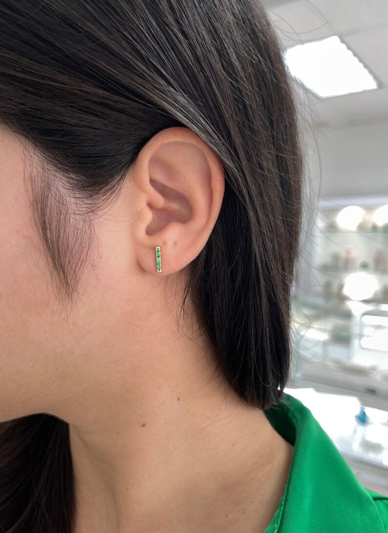 0.20-Carats 14K Gold Vivid Green Natural Emerald French Set Stacking Earlobe Bar Stud Earrings