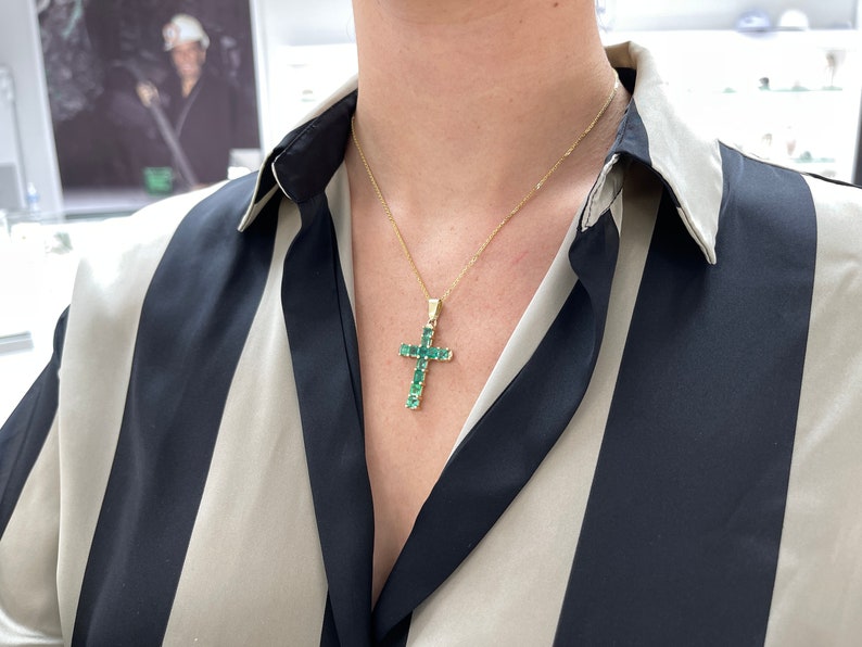 5.0tcw 14K Medium Dark Green Emerald Cut Asscher 11 Stone Unisex Cross Pendant in Gold - JR Colombian Emeralds