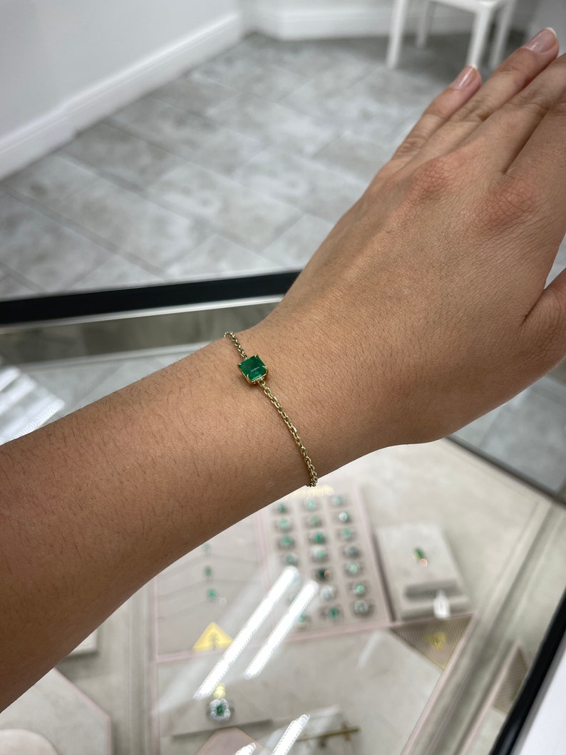 1.70ct 14K Dark Rich Green Four Prong Diamond Chain Asscher Cut Emerald Gold Bracelet - JR Colombian Emeralds