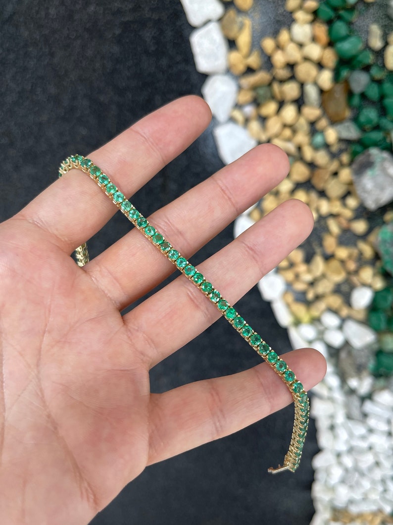 Medium Green Round Shape 7tcw Emerald Unisex Tennis Bracelet Solid Gold 14K