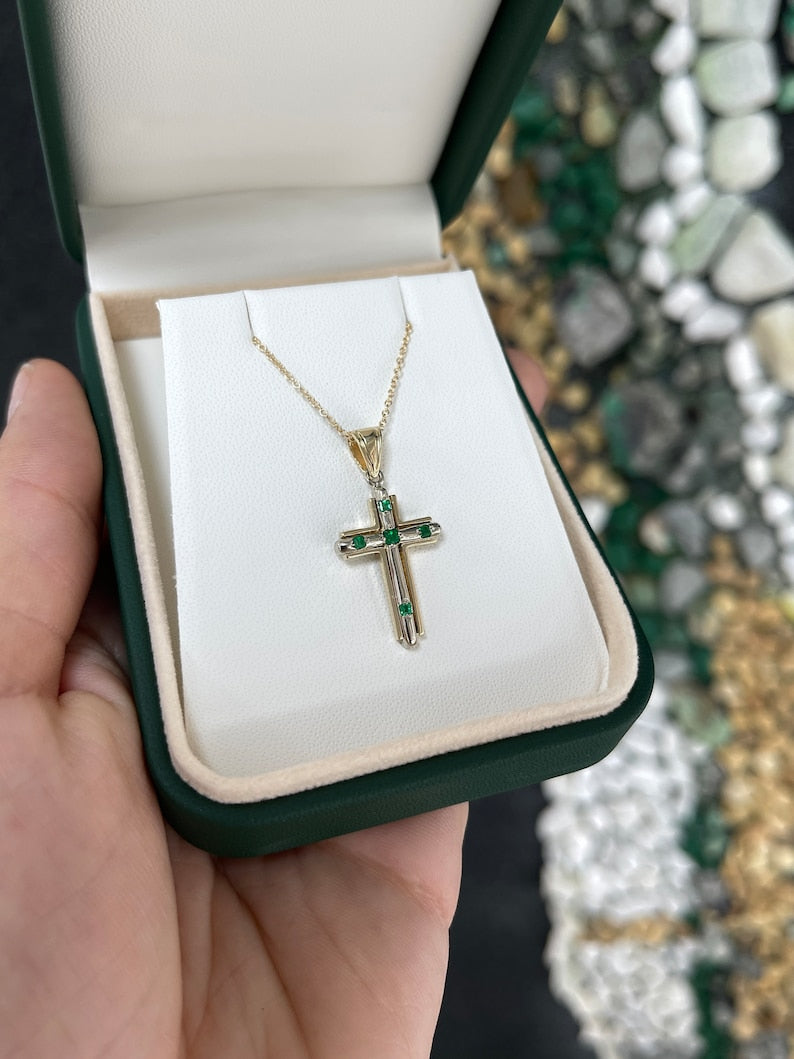 0.30tcw 14K Gold Rich Green Squared Emerald Princess Cut 2 Toned Religious Cross Necklaces